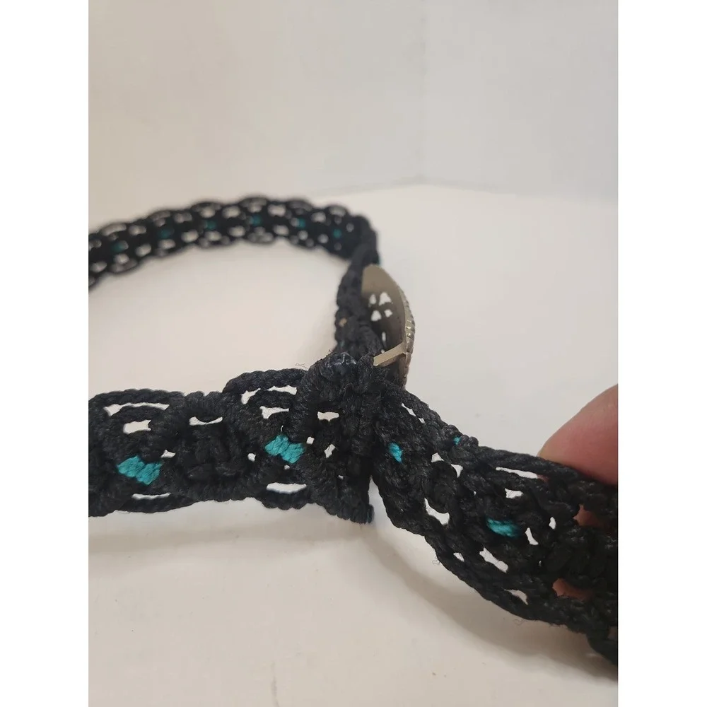 VTG 70s Black Macrame Belt Goldtone Medallion Buckle L Pls Read Below